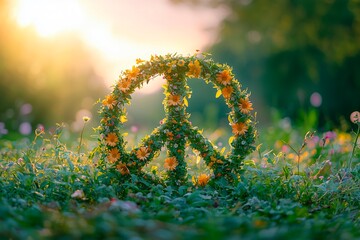 Obraz premium Sunset over a blooming field with a vibrant peace symbol