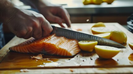 Obraz premium A person skillfully slices a fresh salmon fillet on a wooden cutting board, surrounded by halved lemons, suggesting preparation for a delicious meal.