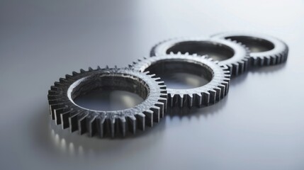Close-up of interlocking metal gears aligned in a row, showcasing precision and industrial craftsmanship against a sleek, white background.