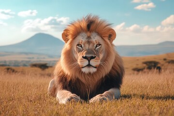A majestic lion with a full mane lies regally in the golden grass of the savanna, with a clear blue sky and distant hills in the background.