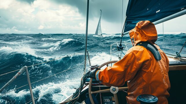 A sailor navigating through rough seas in protective gear, capturing the adventure and challenge of ocean exploration.