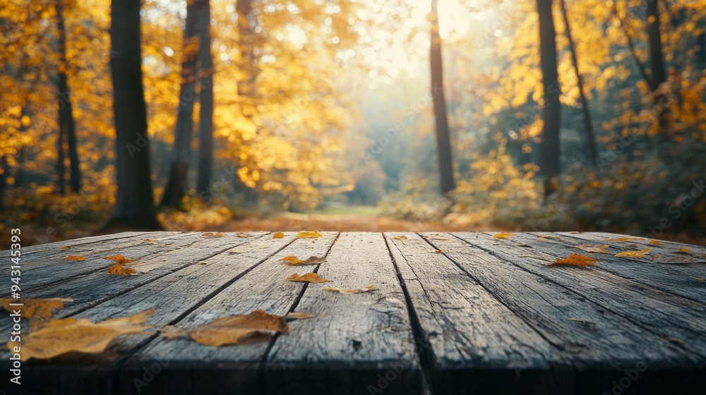 Poster a wooden table with a view of a forest