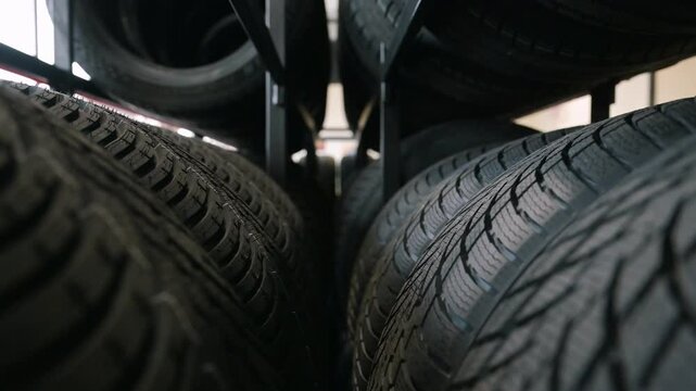 Close-up view of new winter tires on display at a car store. The tires are stacked on a shelf and have a variety of features, including aggressive tread patterns for traction in snow and ice