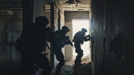 Three soldiers in tactical gear advance cautiously through a dimly lit, abandoned building during a mission.