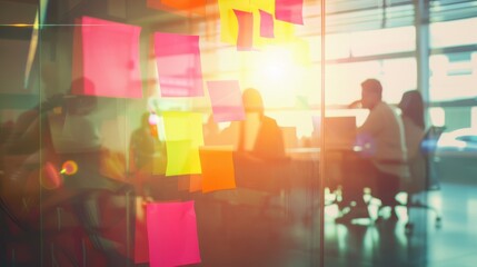 Fototapeta premium Bright sticky notes on a glass wall in a modern office, sunlight streaming through the windows, with a team collaborating in the background.