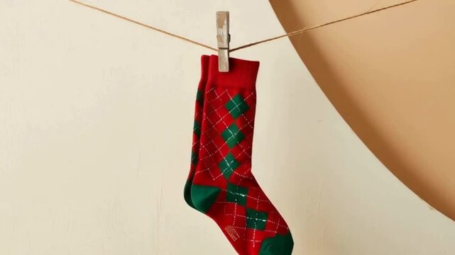 Red and Green Argyle Socks Hanging on a Clothesline. Christmas socks 

