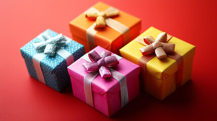 Obraz premium Four gift boxes of different colors with bows on them, on a red background
