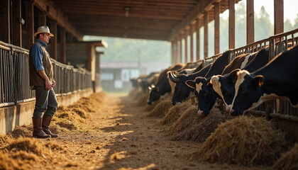 Farmer feeding cows on a rural farm with a barn and pasture in the background.






