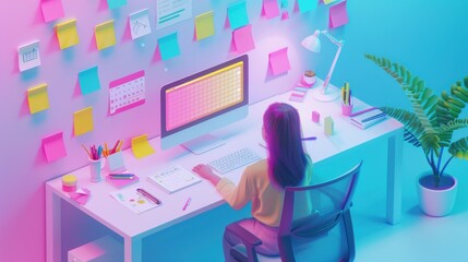 An isometric 3D scene of a user at a computer, planning a digital marketing strategy with sticky notes, calendars, and flowcharts on the desk, all neatly arranged in a modern workspace, isolated on a