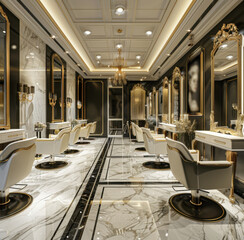 Elegant luxury hair salon featuring a black and white marble floor with gold accents and stylish seating