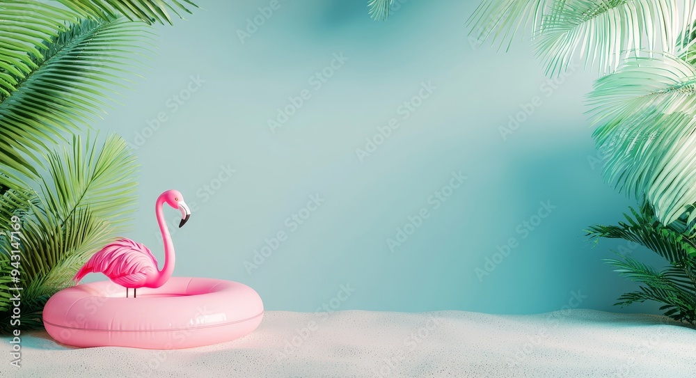 Fototapete this is a 3d rendered scene showing a product on a blue background with summer elements such as a be