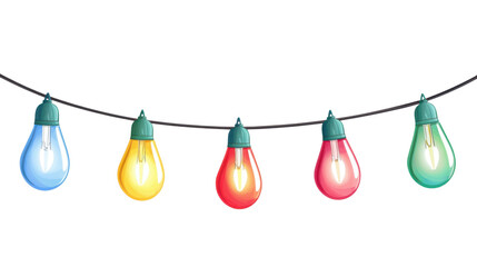 Colorful string lights, vibrant blue, yellow, red, green bulbs shining brightly cut out transparent isolated on white background PNG