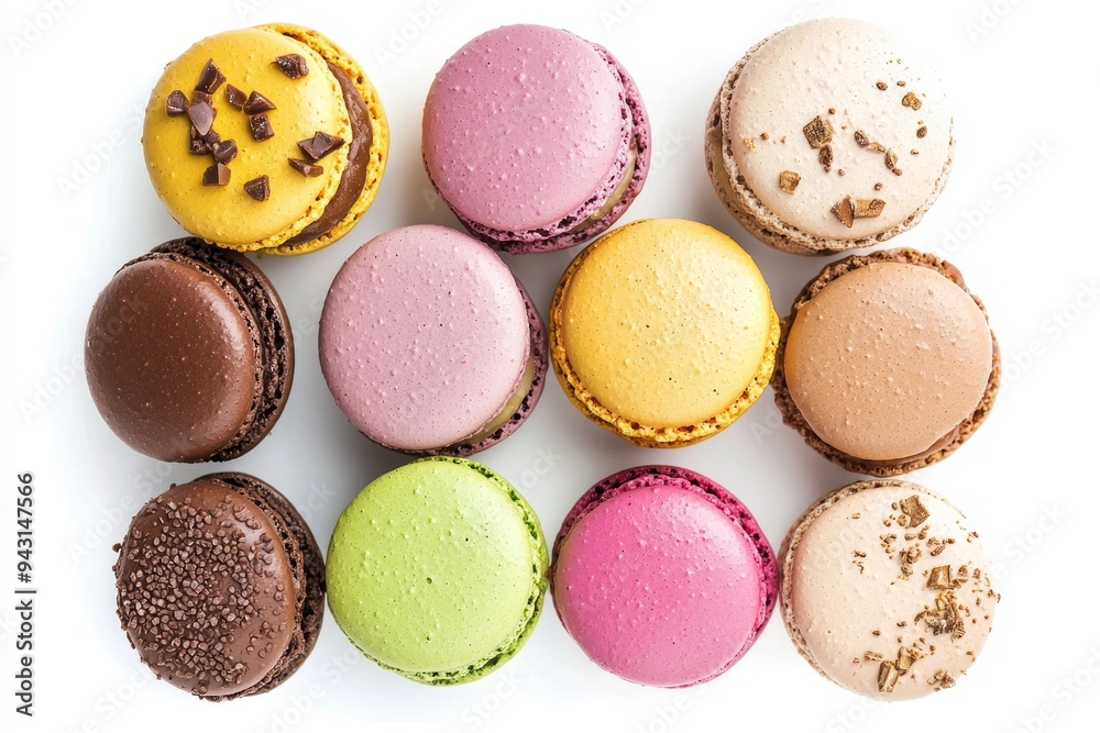 Aufkleber Assorted macaroons in flat lay, with different flavors assorted on background.