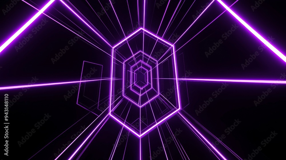 Poster Floating cube with abstract highway patch and neon pink speedlight trail, 3d render.