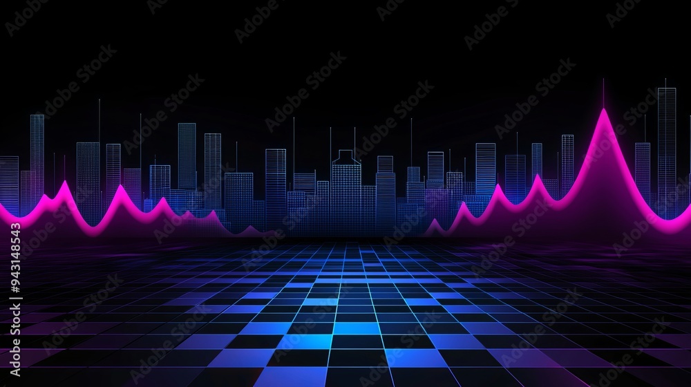 Poster this 3d rendering depicts a neon light beaming over a city building at night with reflections on the