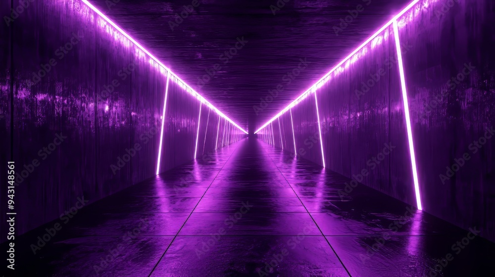 Fototapete neon light square cube floating in space. hyper warp floor, technology, futuristic concept.