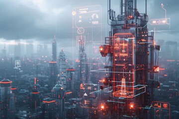 Futuristic urban landscape featuring a tall communication tower surrounded by digital interfaces on a cloudy day