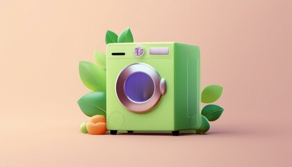 Fototapeta premium A vibrant green washing machine surrounded by foliage, symbolizing eco-friendly laundry practices and modern design.