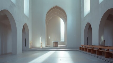 Fototapeta premium A minimalist church interior bathed in soft, natural light, featuring arched ceilings, a simple altar, and wooden pews.