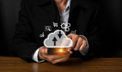 Businessman hand using smartphone with cloud computing diagram show on virtual screen, Internet connection metaverse. Application technology and digital marketing.