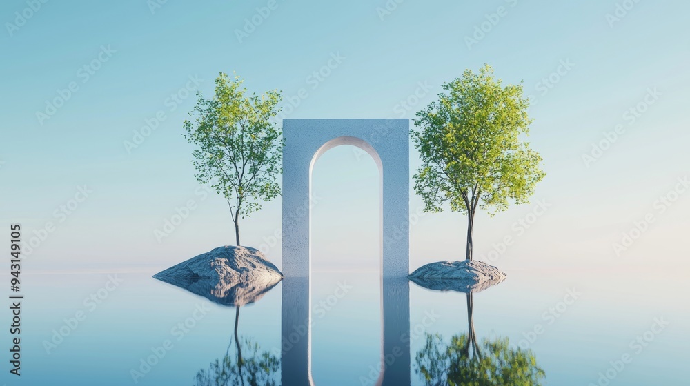 Poster Abstract Surreal of mirror glass arch reflecting a mountain with golden trees and metallic balls on pastel dunes in front of a lake.