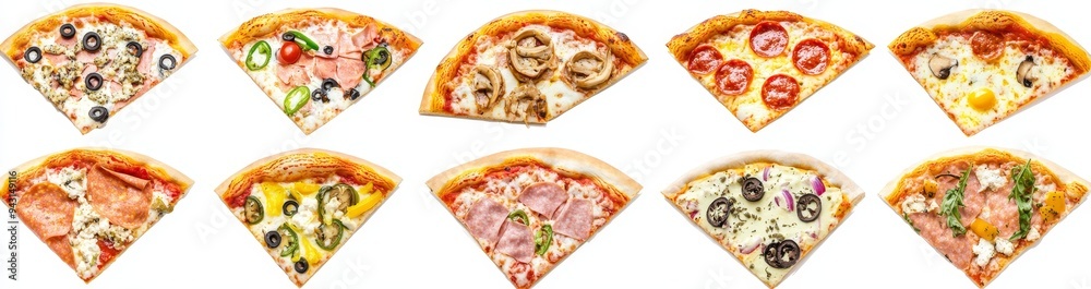 Poster various flavor pizza slices with different toppings isolated on a white background.