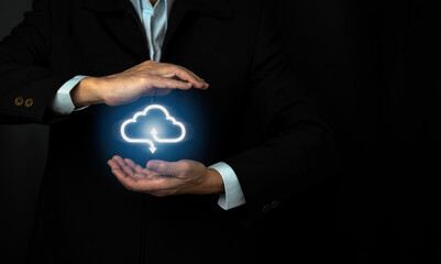 Businessman hand holding icon cloud computing and data information in hand. Internet connection metaverse,Cloud computing and technology concept.