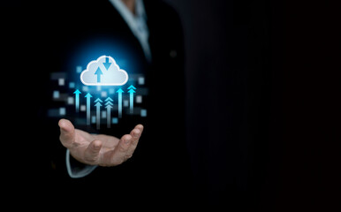 Businessman hand holding icon cloud computing and data information in hand. Internet connection metaverse,Cloud computing and technology concept.