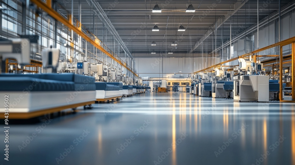 Poster a large industrial building with many machines and a lot of space