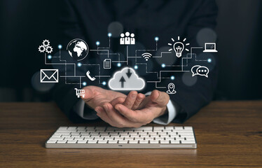 Businessman hand with cloud computing diagram show on virtual screen, Internet connection metaverse. Application technology and digital marketing.