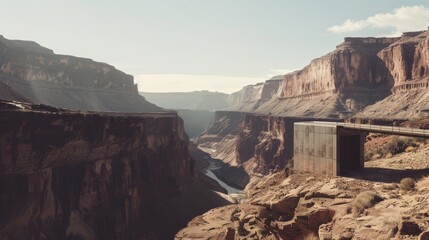 A dramatic view of a grand canyon landscape with rugged cliffs and depths carved by a winding river under a clear sky.