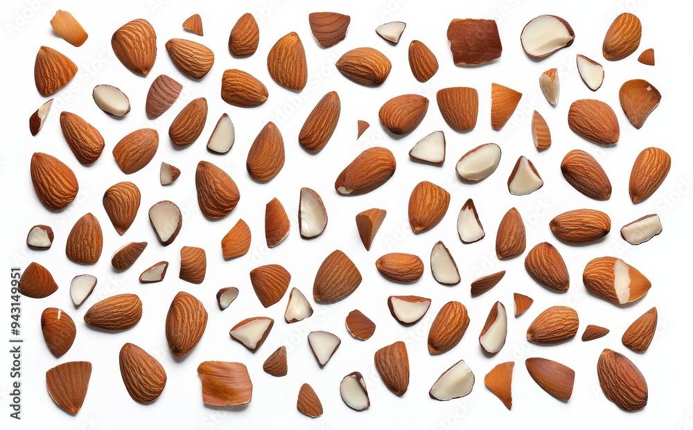 Poster isolated almond nuts in whole and broken pieces with a background of fresh, raw almonds that are hig