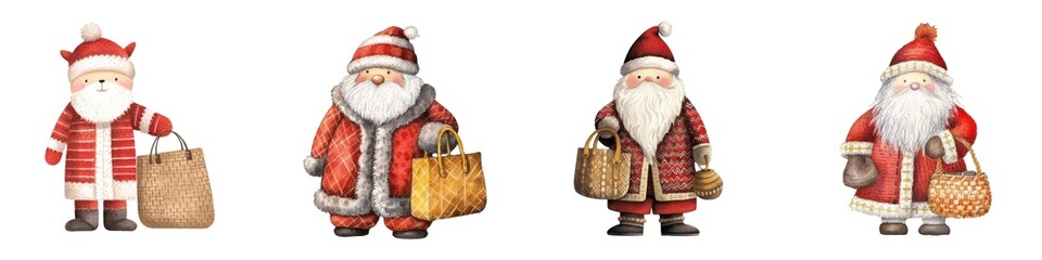 watercolor illustrations of Santa Claus in different outfits, each holding a gift bag, representing a festive and cheerful Christmas theme cut out transparent isolated on white background PNG
