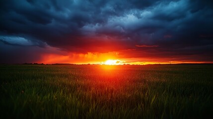 Sun setting behind a line of thunderstorms on the horizon, dramatic weather, contrast of light and dark
