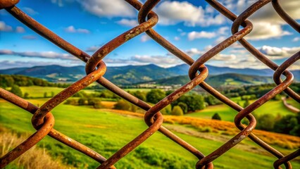 Fototapeta premium Photo image of a worn chain-link fence with rusted links and a rural landscape in the background.
