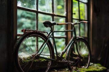 An aged, rusty bicycle sits leaning against an old, dirt-streaked window, framing a scene overgrown with lush, vibrant green moss and plants, evoking a sense of abandonment and nature's reclamation.