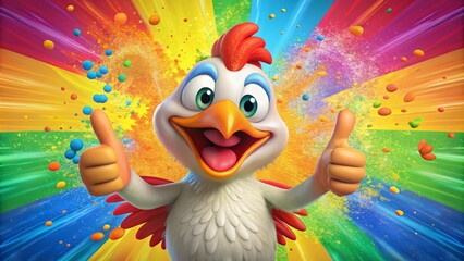 Naklejka premium A joyful cartoon chicken proudly giving a thumbs up with its claw, surrounded by bright colors and playful textures, conveying excitement and approval.