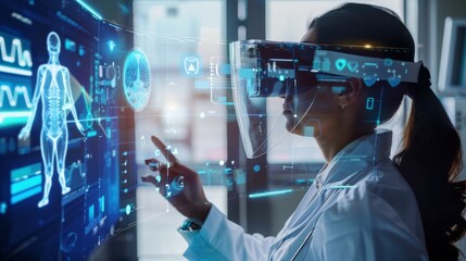 A futuristic scene where a doctor uses augmented reality glasses to interact with a holographic medical interface, merging technology and healthcare.