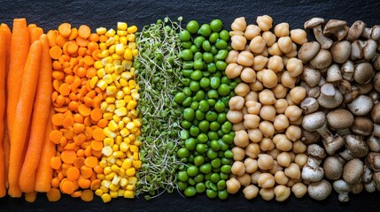 A vibrant food collage with chickpeas, green sprouts, carrots, corn, peas, beans, and mushrooms on a seamless black background