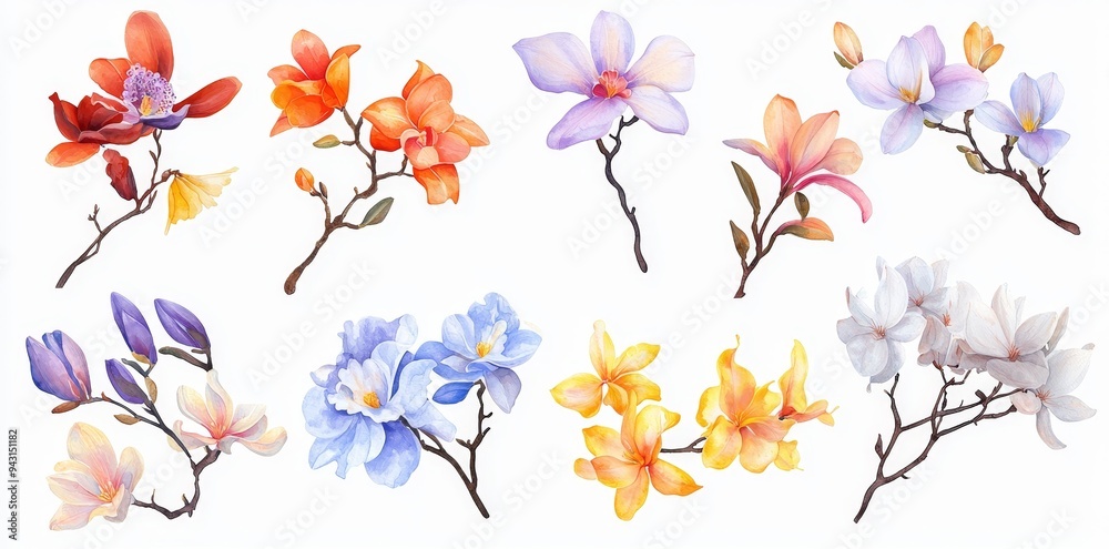 Poster this is a beautiful set of decorated twigs with small colorful flowers and leaves with a spring mead