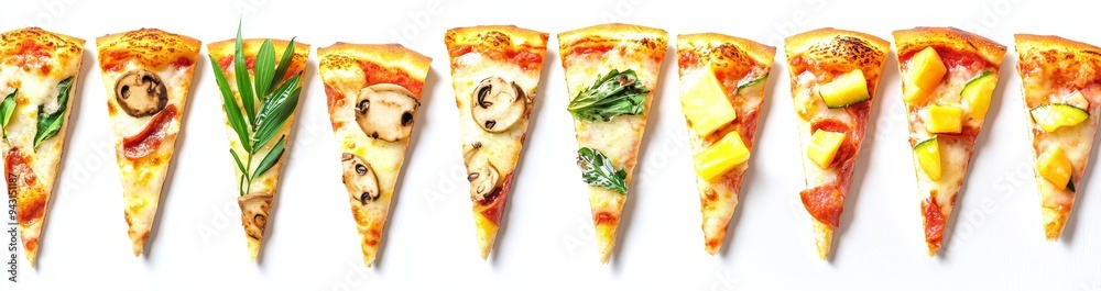 Poster the topping on different slices of pizza is isolated on a white background. fast food that looks del