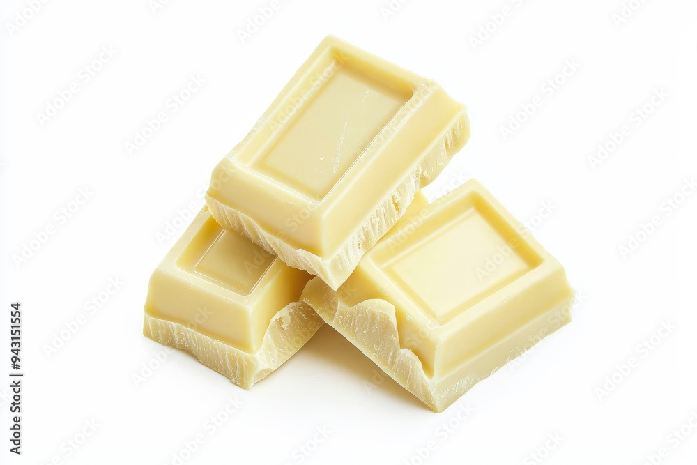 Poster close-up of white chocolate with chunks on a dark background.