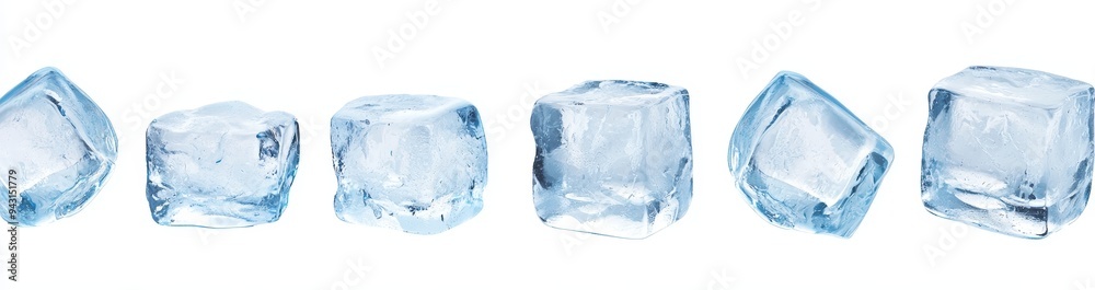 Poster different kinds of ice cubes, different shapes and sizes of crystal ice for cold drinks, isolated on