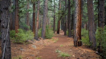Obraz premium Serene Pine Forest Trail. Tranquil nature escape concept