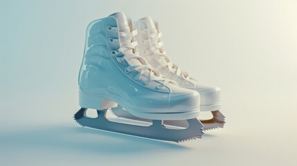 Sleek and elegant ice skates sit on a minimalist background, reflecting light beautifully with their pristine white color and polished blades.