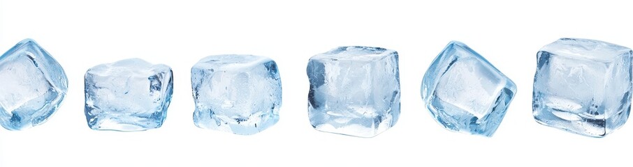 Fototapeta premium Different kinds of ice cubes, different shapes and sizes of crystal ice for cold drinks, isolated on white background.