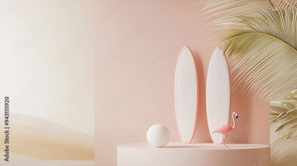 Poster white empty display podium with pink inflatable flamingo, surfboard and beach ball on summer beach s