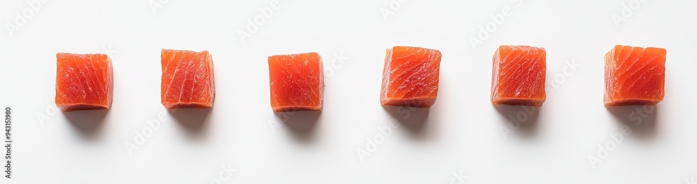 Poster Raw salmon Sashimi slices menu with cube shaped salmon isolated over a white background.