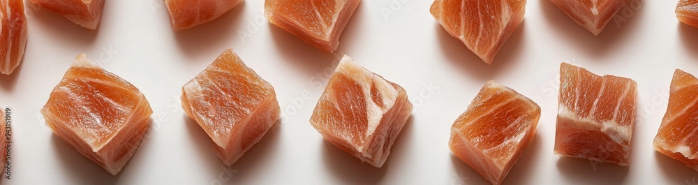 Aufkleber the raw fish menu for salmon sashimi slices, with filet salmon cubes isolated on the backdrop.