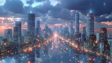 Fototapeta premium A futuristic cityscape showcasing tall skyscrapers with lights illuminating the skyline, reflecting in a calm water surface, depicting modernity and technological advancement.